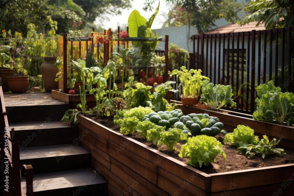 Home grown vegetables flourishing within a raised planting area situated in a compact backyard garden at ones residence. Home grown vegetables flourishing within a raised planting area situated in a compact backyard garden at ones residence.