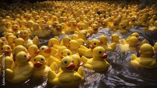 Tela Photo of a vibrant yellow rubber duck party on the water