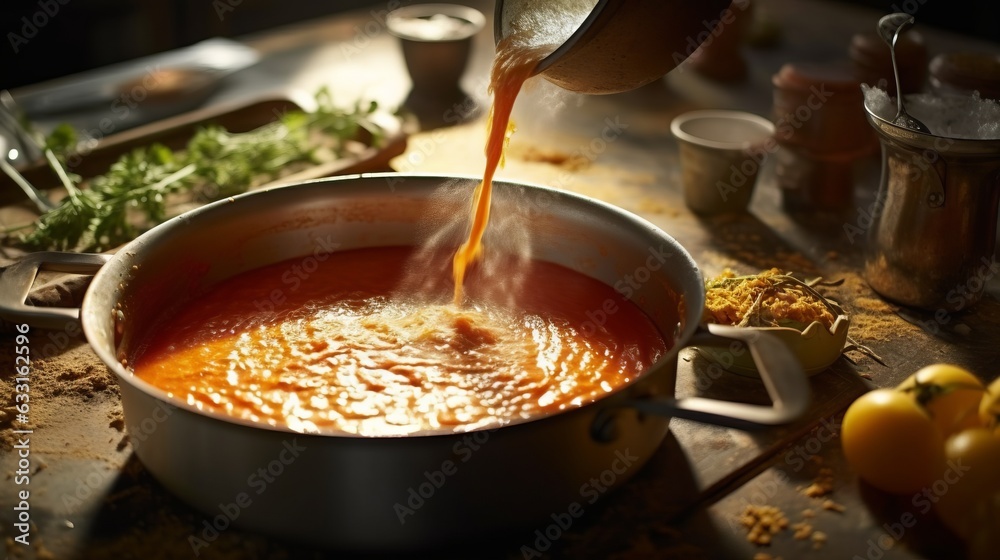 Photo of a person pouring soup into a pot Photo of a person pouring soup into a pot