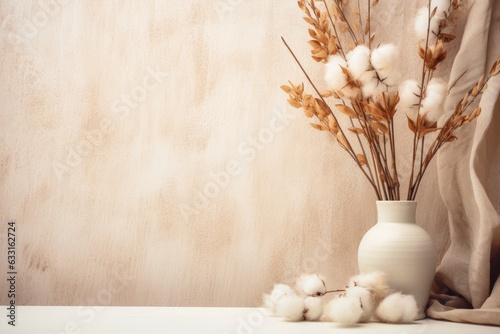 Minimalistic home decor background featuring elegant mockup adorned with beige autumnal dried flowers, evoking a cozy autumn atmosphere.