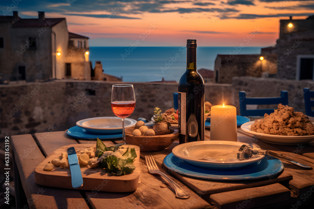 Seaside Italian Gastronomy: Culinary Delights and Sunset Views at the Coastal Terrace, Indulge in Exquisite Italian Cuisine while Watching the Sun Set over the Sea, generative AI