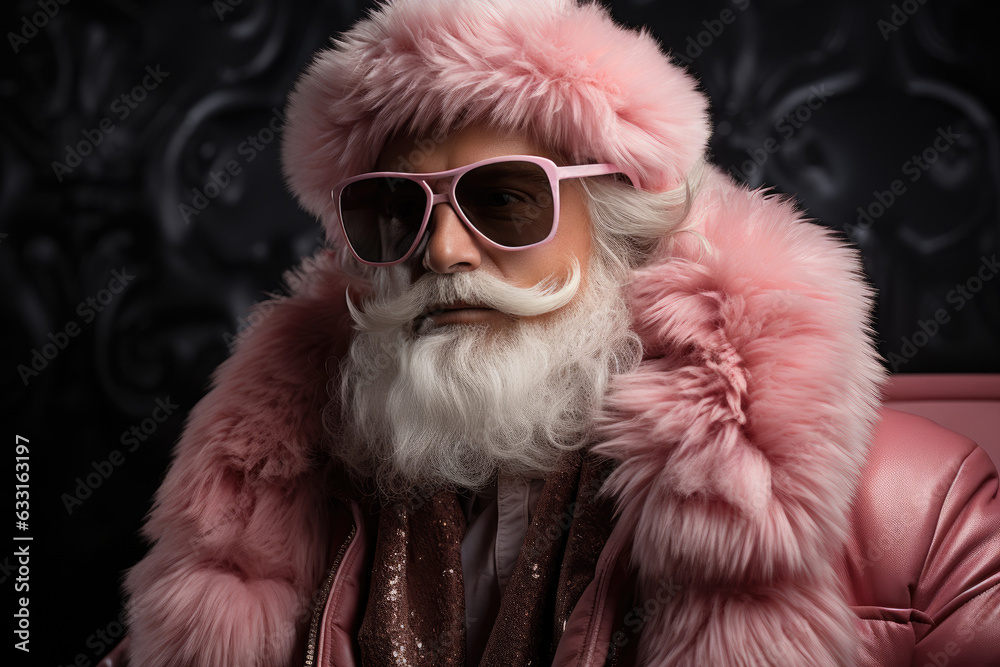 Trendy santa claus in pink costume and pink sunglasses Trendy santa claus in pink costume and pink sunglasses