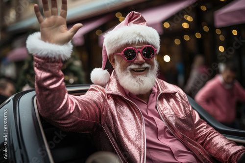 happy santa claus in pink sunglasses in a car on the street