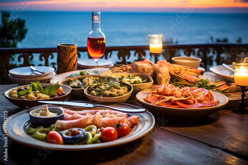 Seaside Italian Gastronomy: Culinary Delights and Sunset Views at the Coastal Terrace, Indulge in Exquisite Italian Cuisine while Watching the Sun Set over the Sea, generative AI