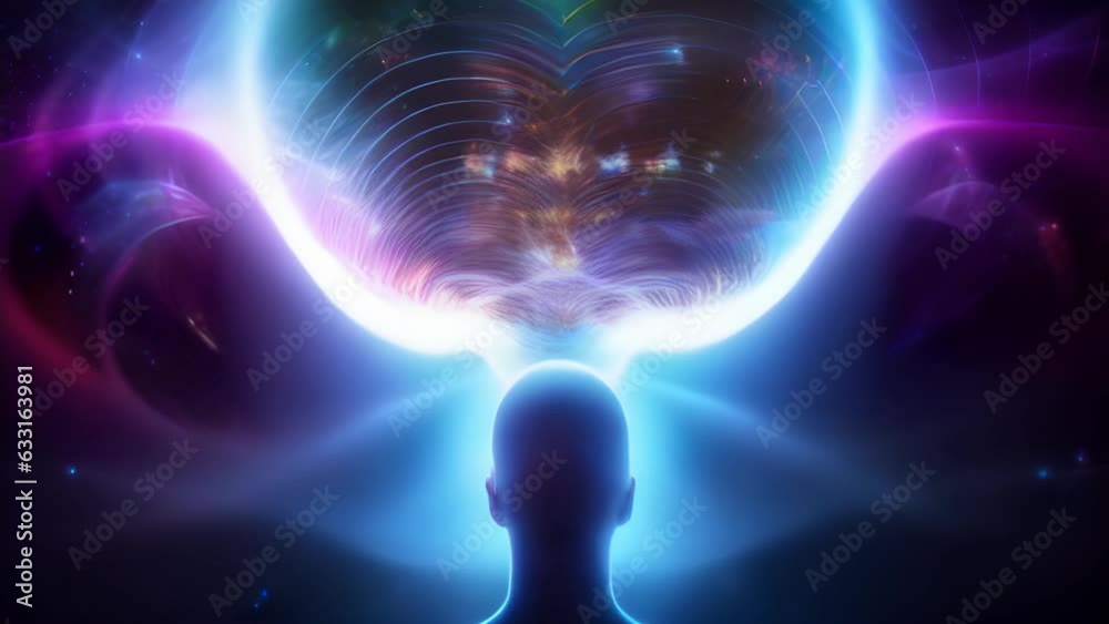 Vibration of psychic brain waves aura ascension. Neon light waves with male head shadow figure in the middle.