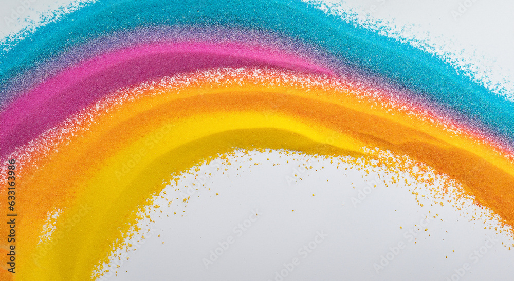 Obraz premium Close up of rainbow colored sand stripes on white background