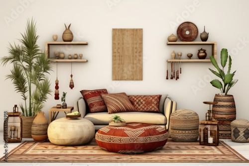 Template for a chic and cultural living room interior: featuring a fashionable sofa, a crafted wooden stool, a Moroccan inspired shelf, ornamental carpet decor, an abundance of tasteful decorations