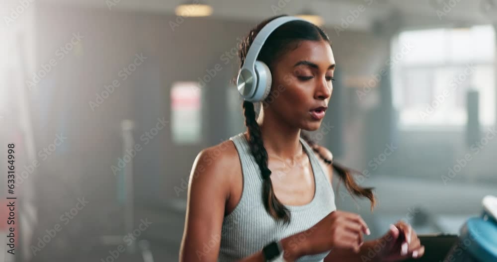 Woman, fitness and running on treadmill for exercise, workout or cardio training while checking watch at gym. Active, runner or sports female person and athlete looking at wristwatch for healthy body