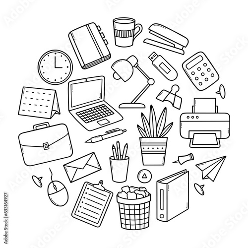 Office supplies doodle set. Office stuff: laptop, printer, lamp, calculator, phone, calendar in sketch style. Hand drawn vector illustration isolated on white background