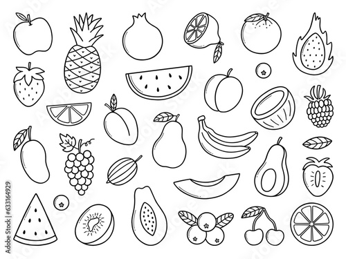 Fruits and berries doodle set. Vegetarian food, natural tropical fruit, citrus in sketch style.  Hand drawn vector illustration isolated on white background.