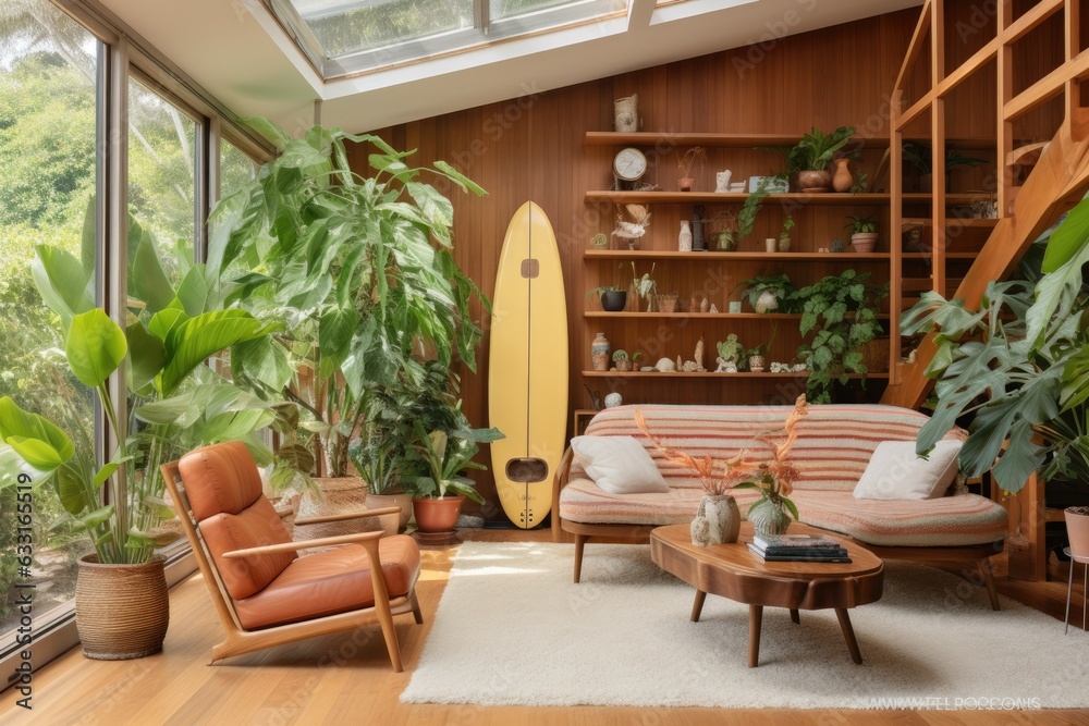 The inside of the brightly lit living room features a wooden surfboard, a comfortable armchair, and various lush houseplants.