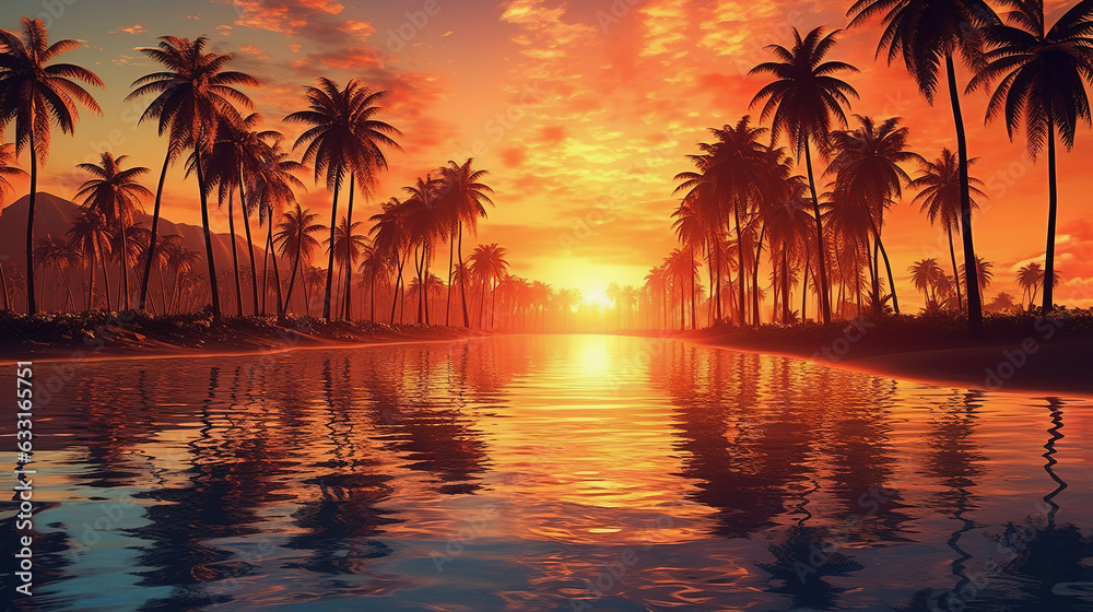 Tropical sunset on beach with palm trees reflecting in water