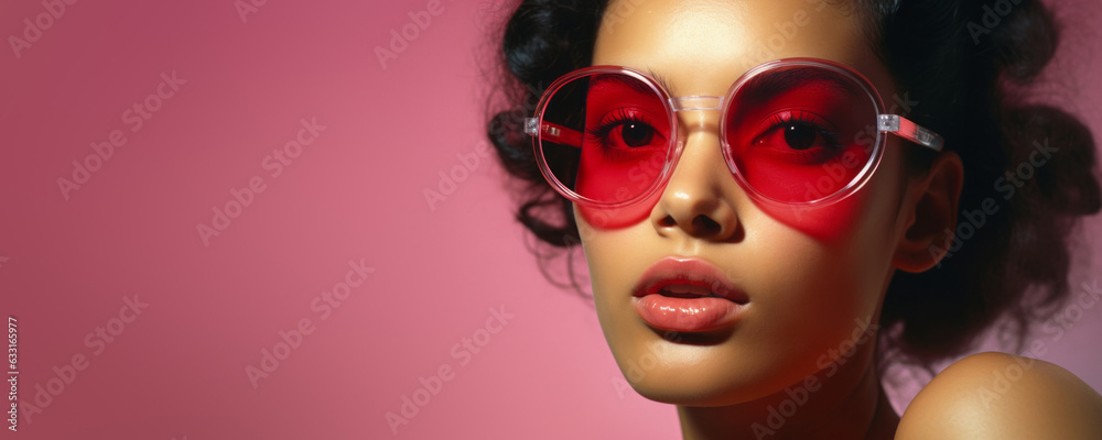 Close-up portrait of a young female model wearing red sunglasses