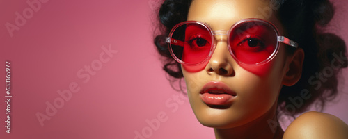 Close-up portrait of a young female model wearing red sunglasses