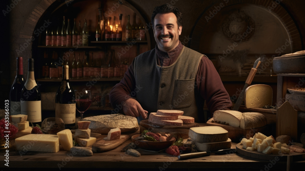 A rustic wooden table upheld by barrels of wine decorated with a variety of cured meats and cheeses and a smiling sommelier looking
