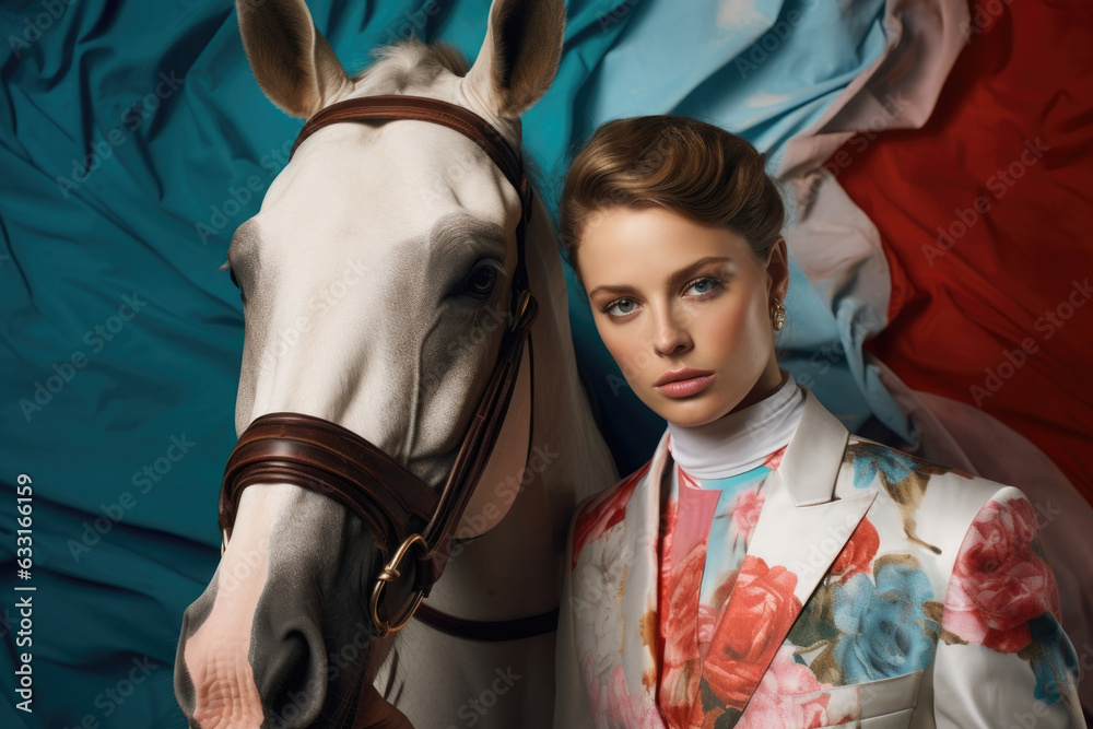 A sophisticated portrait of a couple attending the race posing in front of a horse and rider with vibrant colors and texture.