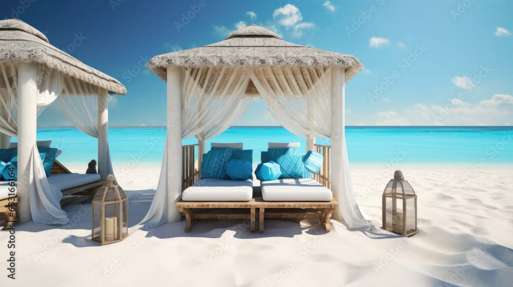 A wideangle shot of a private beach cabana with luxurious sun beds and vibrant blue umbrellas surrounded by sandy beach and crystal