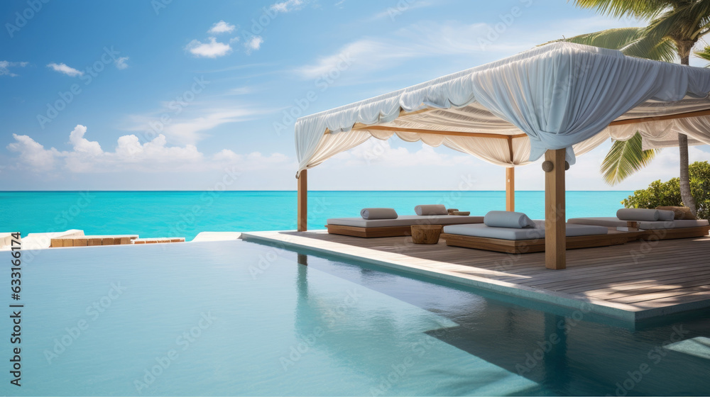 A view of a private beach lined with luxury cabanas and plush sun loungers with a turquoise infinity pool shimmering in the foreground. A view of a private beach lined with luxury cabanas and plush sun loungers with a turquoise infinity pool shimmering in the foreground.