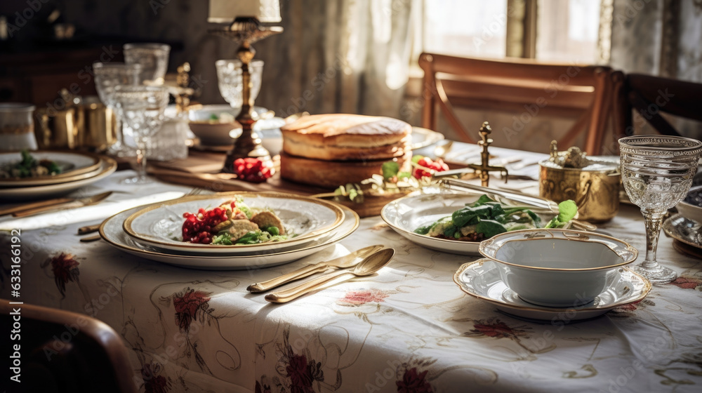 A set of elite lery laid out on a white linen tablecloth with a low angle shot of a luxurious kitchen in the background.