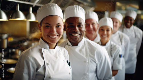 A group of grinning professional chefs standing in line each wearing a crisp white apron facing the camera with a variety of ting
