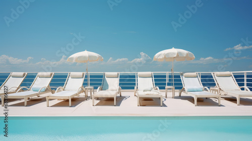 A row of sun loungers on the yacht deck set up for a private party under a vibrant blue sky. © Justlight