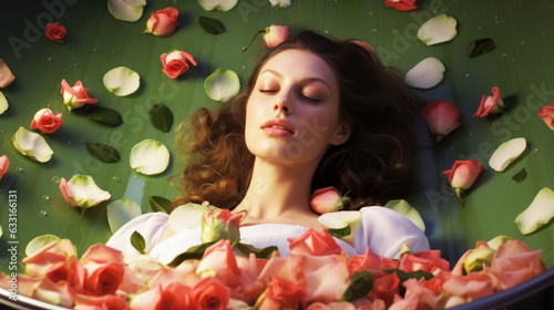 A woman is soaking in a creamy milk bath with rose petals floating in it surrounded by cucumber slices and vitaminrich fruits. She photo