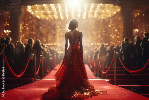 A closeup shot of a gl woman posing grandly in an exquisite designer gown with the backdrop of red carpet and glittering celebrity
