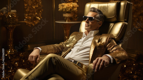 A man surrounded by gold candleholders and framed wall art as he relaxes in an opulent velvet dd chair with a warm towel and calming photo