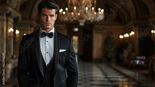 Sophisticated fashion photoshoot in a palatial villa featuring a male model in a sleek tuxedo standing in the middle of a grand hall