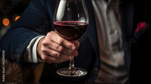 A closeup of a connoisseur's hand tasting a freshly poured glass of pinot noir.