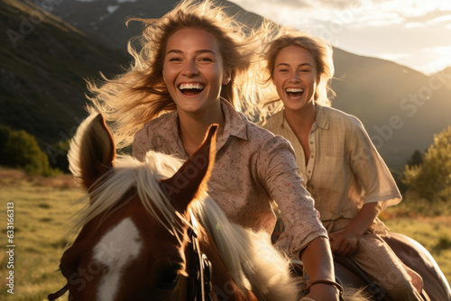 A portrait of two friends galloping through a picturesque valley surrounded by trees and mountains. They both have a huge smile on photo