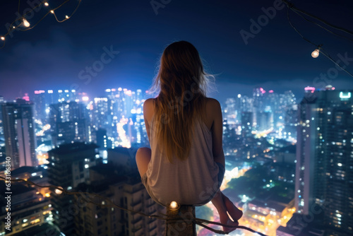 A woman sitting on the edge of the rooftop her feet dangling over the edge and her gaze set on the faraway city lights.