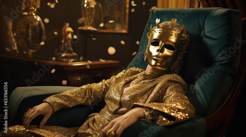 A woman in an opulent decadent spa robe reclining on an velvet chaise lounge in a dimly lit room with gold tone decor with a face