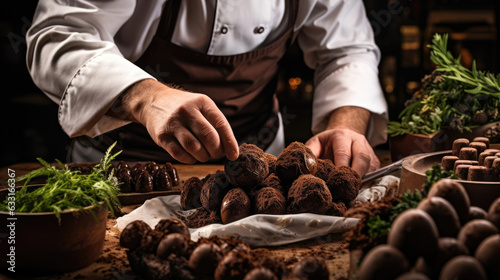 A high angle shot of a chef plucking the delicate chocolatehued truffles from the ground handrolling them in the warmth of their gloved