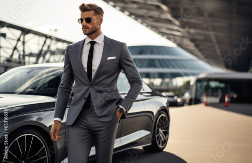 A portrait of a man in a designer suit stepping out of a luxury car after taking a successful test drive on a professional race track. © Justlight