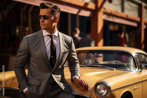 A man in a tailored suit shades and watch posing on the hood of an oldfashioned vintage car with other classic vehicles seen behind