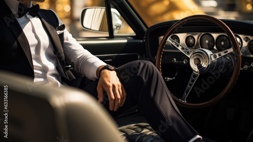 A man wearing a tuxedo and dress shoes in the driver's seat of a vintage Ferrari against a backdrop of luxury race cars. © Justlight