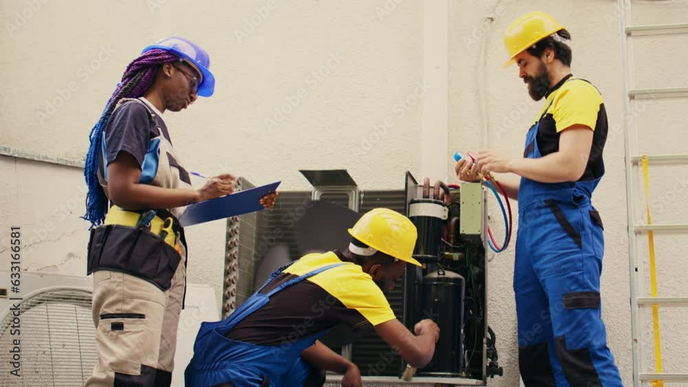 Expert repairmen cleaning layer of dirt and dust from air conditioner