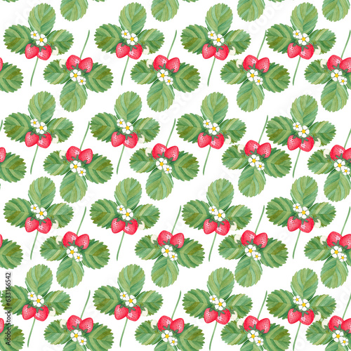watercolor red strawberries with leaf and flower seamless pattern on white background. Design for textile, fabric, wrapping paper.design scrap book paper, invitations and other