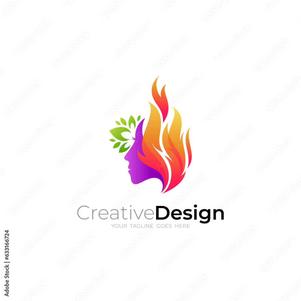 beautiful woman logo and burning fire icon, 3d style beautiful woman logo and burning fire icon, 3d style