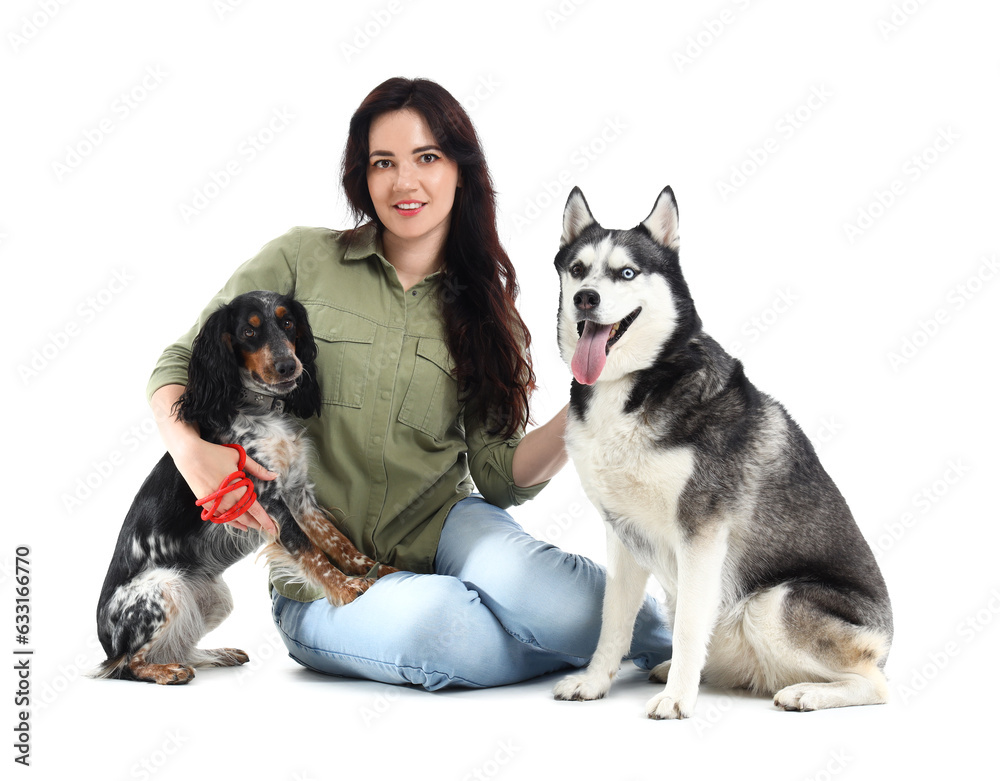 Young woman with cute dogs sitting on white background Young woman with cute dogs sitting on white background