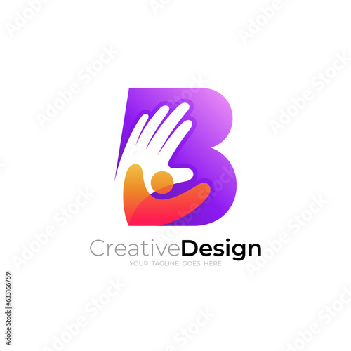 Letter B logo with hand care design template, people care