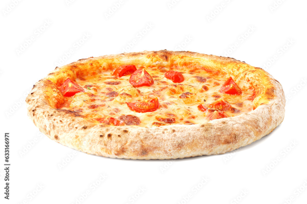 Tasty pizza Margarita with tomatoes on white background