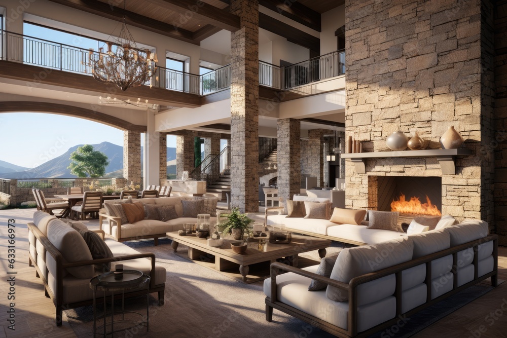 Stunning living room in a brand new luxurious home with a traditional touch. Boasts elegant stone details, high ceilings with a beautiful arch, a warm fireplace flickering with a lively blaze, and