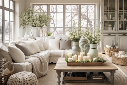 A warm and cozy living room interior is decorated with rustic charm, featuring a color scheme of white and green. Iron planters are adorned with Easter eggs, flowers, candles, and rabbits, creating a