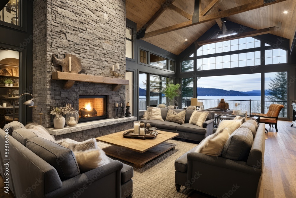 The contemporary spacious living area showcases a stone fireplace that stretches from the floor to the ceiling. It is adorned with a gray tufted sofa complemented by two matching armchairs, all placed