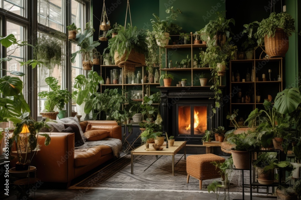 Fototapeta premium A bohemian inspired apartment features a well lit living room adorned with various elements. The interior design showcases a brown sofa, a recently acquired armchair, and a decorative fireplace