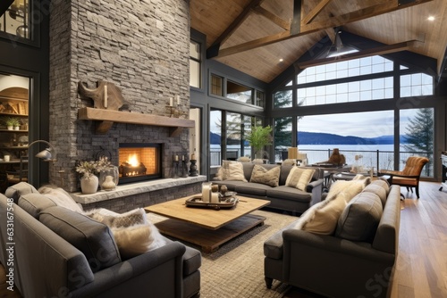 The contemporary spacious living area showcases a stone fireplace that stretches from the floor to the ceiling. It is adorned with a gray tufted sofa complemented by two matching armchairs, all placed © 2rogan