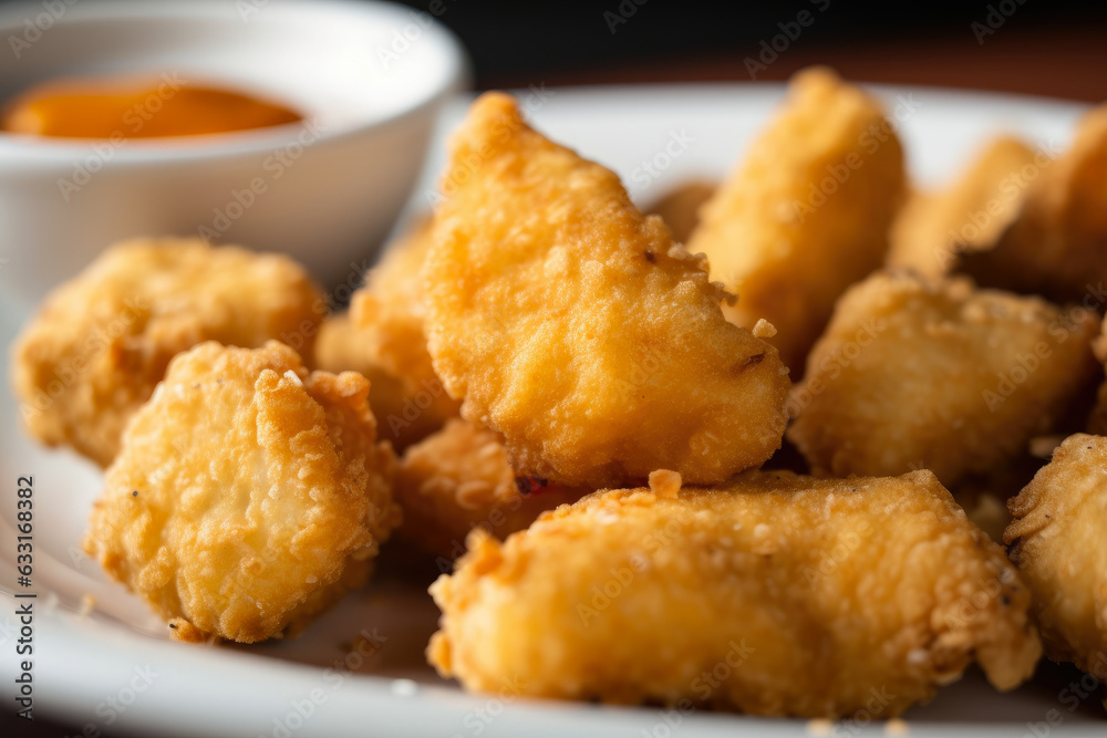 Fried catfish nugget, a crispy and flaky macro image, served as an appetizer with a zesty dipping sauce. Fried catfish nugget, a crispy and flaky macro image, served as an appetizer with a zesty dipping sauce.