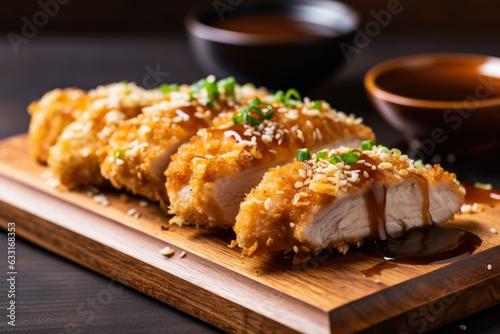 Chicken katsu served on a wooden board with sesame seeds and tonkatsu sauce, golden and crispy. photo